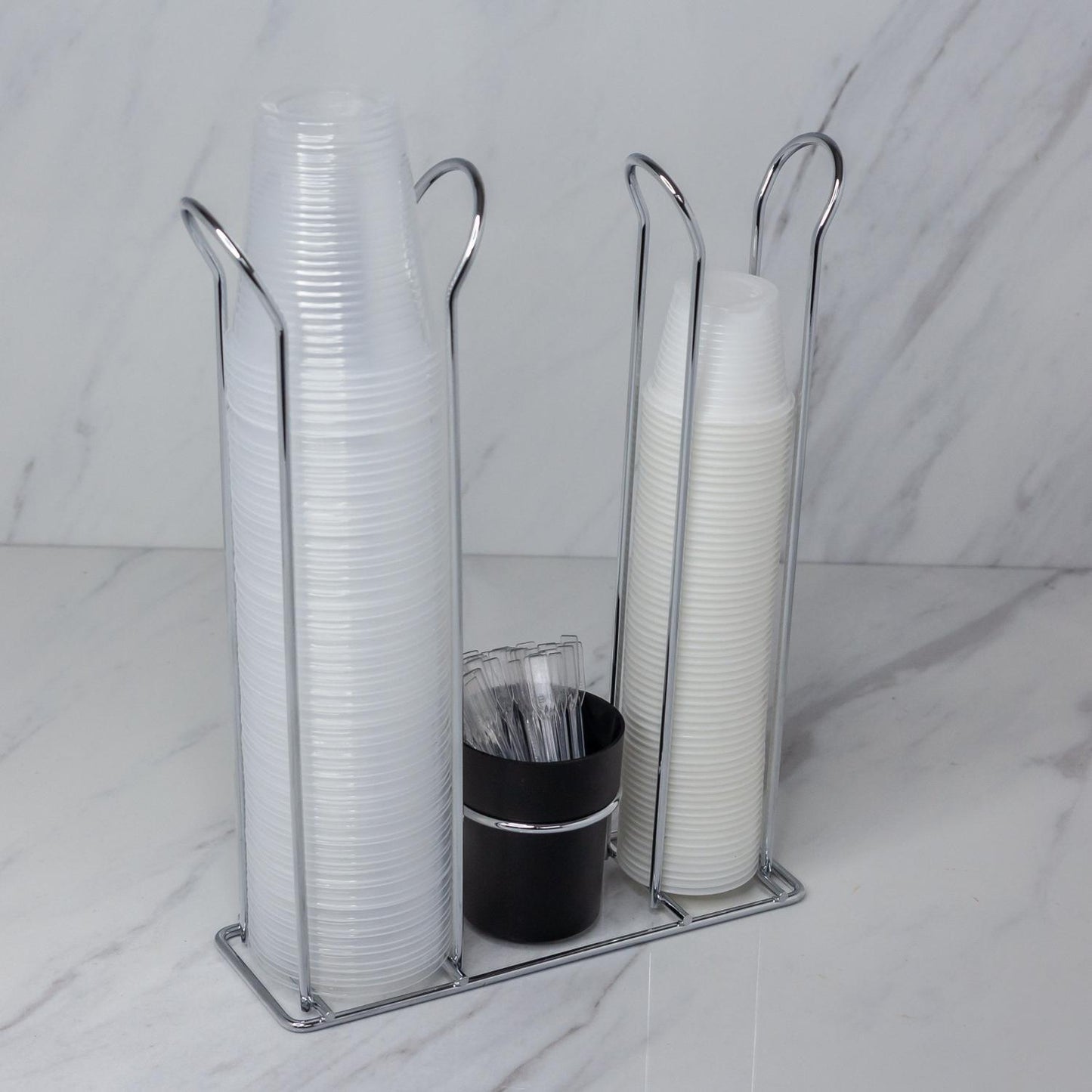 Organizador Copos Descartaveis 50/80ml, 200ml e Mexedor Preto e Cromado
