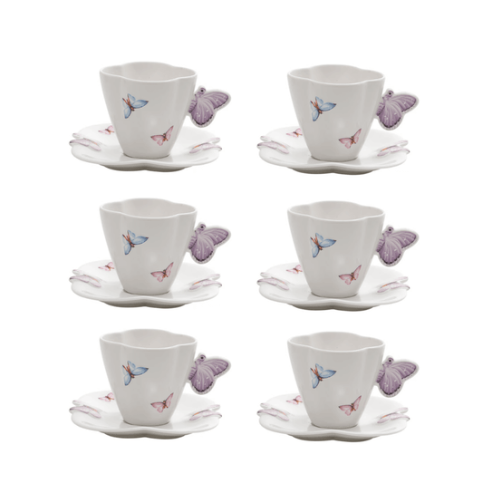 Jogo 6 Xícaras de Chá Porcelana com Pires Borboletas Branco 200ml