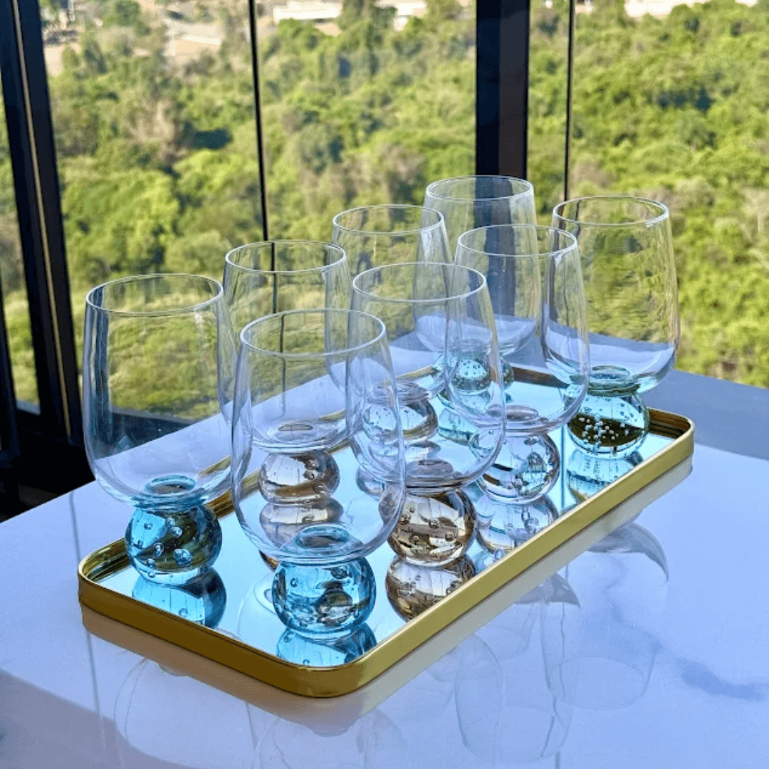 Taça Copo para Vinho Vidro com Base Esfera Transparente e Azul 540ml