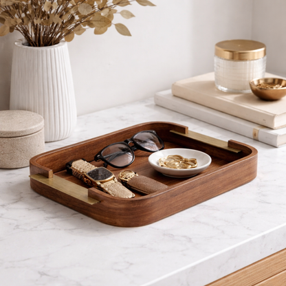 Bandeja em MDF e Metal Marrom 38,5cm P