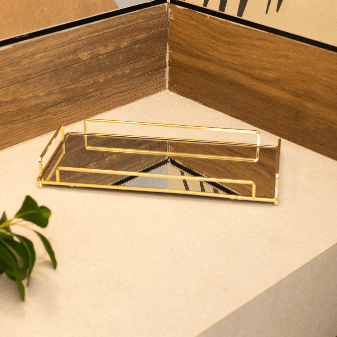 Bandeja Decorativa de Metal com Espelho Dourado 32cm