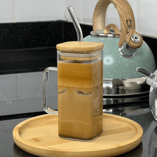 Caneca de Vidro com Canudo e Tampa de Bambu 400ml