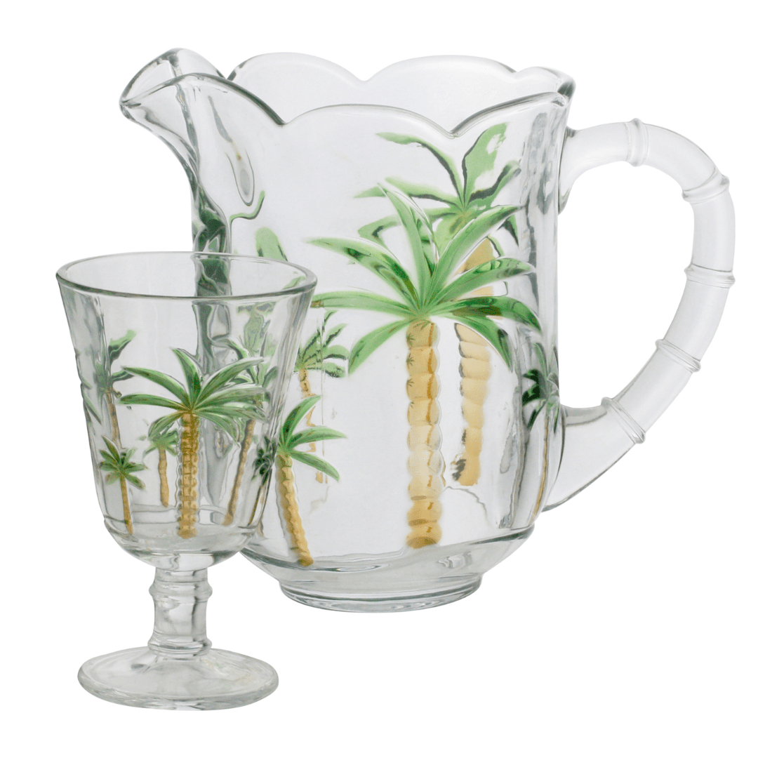 Conjunto 1 Jarra e 6 Taças Cristal de Chumbo Palm Hand Painting