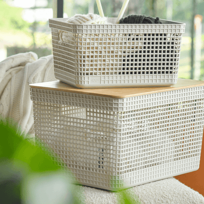 Conjunto 3 Cestos Organizadores Grid Bege com Tampa de Bambu