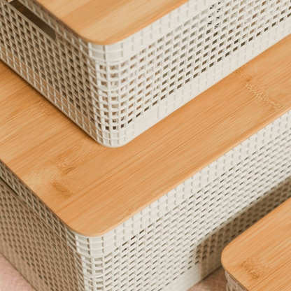 Conjunto 3 Cestos Organizadores Grid Bege com Tampa de Bambu