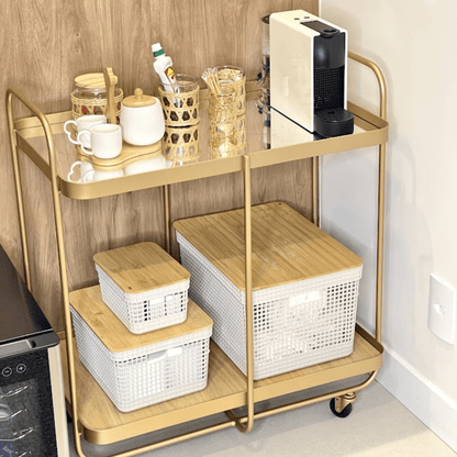 Conjunto 3 Cestos Organizadores Grid Bege com Tampa de Bambu