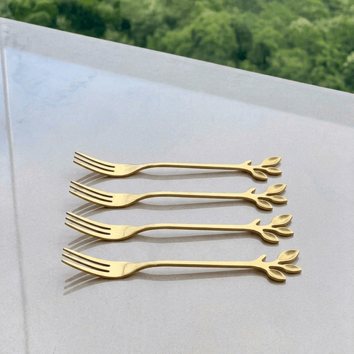 Jogo de Garfos para Aperitivo em Aço Inox Leaves Dourado 4 Peças