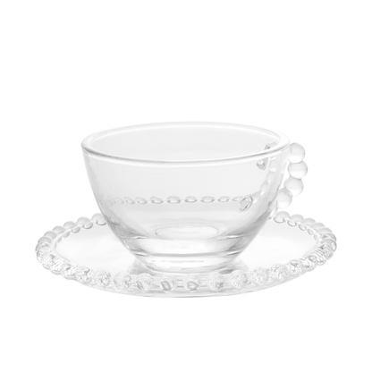 Jogo de 4 Xícaras de Chá Cristal de Chumbo com Pires Pearl Bolinha - 180ml