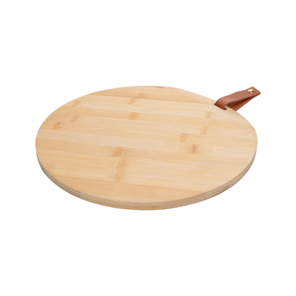 Tábua de Corte Redonda Bambu com Alça de Couro 18cm