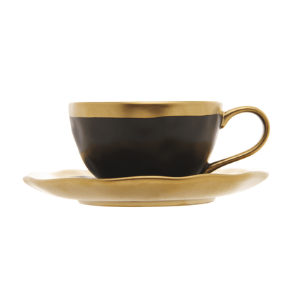 Xícara de Café com Pires em Porcelana Dubai Preto e Dourado 90ml