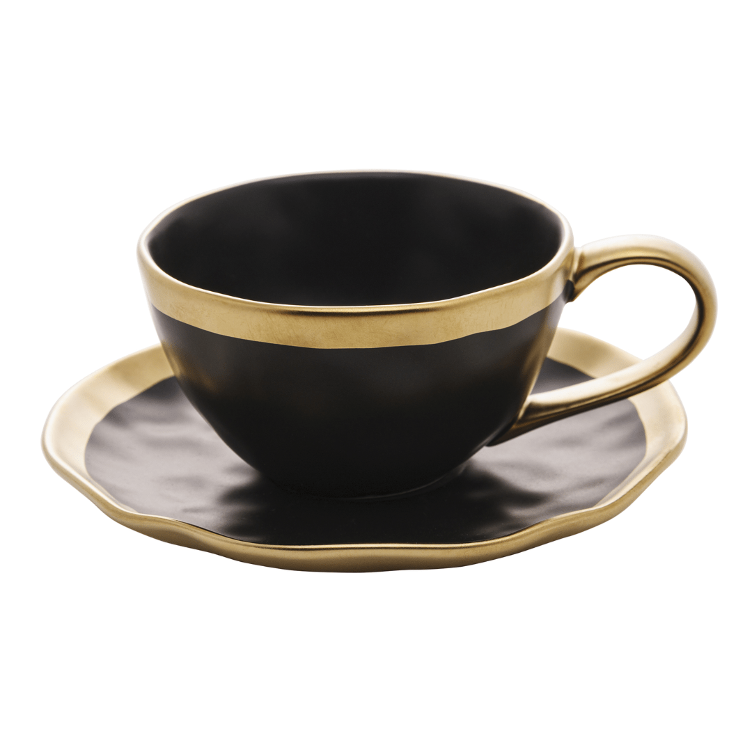 Xícara de Chá com Pires em Porcelana Dubai Preto e Dourado 200ml
