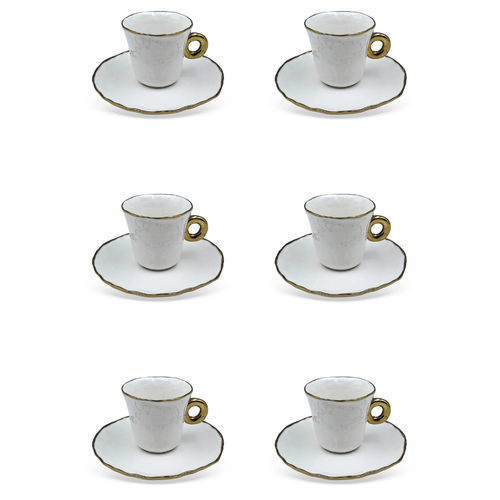 Jogo 6 Xicaras de Café com Pires Cerâmica Branco e Dourado 80ml