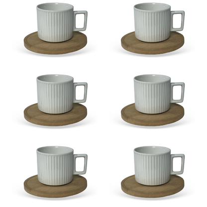 Jogo 6 Xicaras de Café Branca em Porcelana com Pires de Madeira 90ml